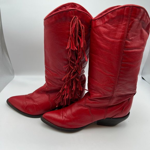 Zodiac Red Fringe Boots Sz 7.5 M Heel 2" 13" tall - Picture 1 of 9